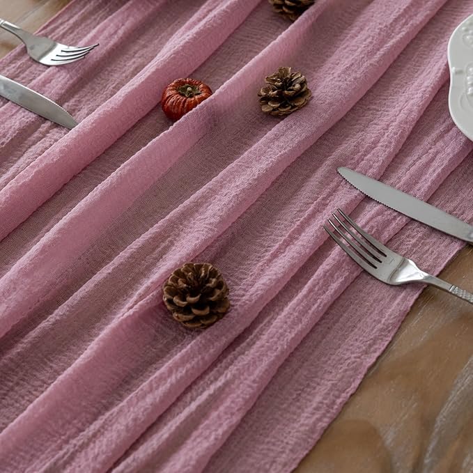 Keketoarrange 6pcs Cheesecloth Table Runner Dusty Rose Gauze 120 Inch 10 FT Rustic Boho Cheese Cloth Runner for Wedding Baby Shower Bridal Shower Party Long Sheer Centerpiece Fall Home Decoration