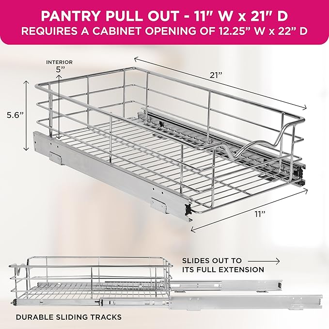 HOLDN’ STORAGE Heavy-Duty Premium Collection Pull Out Cabinet Organizer – Cabinet Drawer Slide Outs –Lifetime Limited Warranty – Basket Size 11" W x 21" D x 5" H, Anti-Rust Chrome Finish