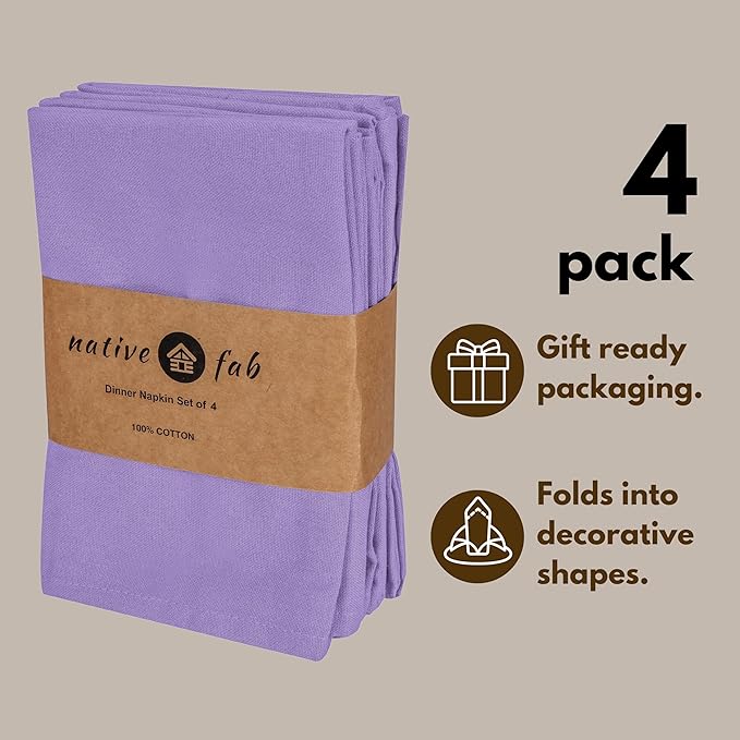 Native Fab Cotton Table Napkins, 4 Pack, 17x17 Inches, Hotel Quality, Durable, Washable Fabric, Ideal for Easter Sunday, Holiday Dinner, Cocktail Parties, Catering, Family Gatherings, Lavender