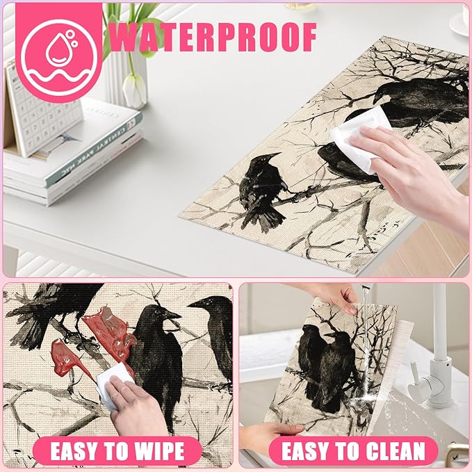 Crows Tree Branch Placemats Set of 6,12x18 Inch Bird Linen Place Mat Washable Stain Resistant Table Mats for Spring Summer Halloween Farmhouse Kitchen Party Home Decor