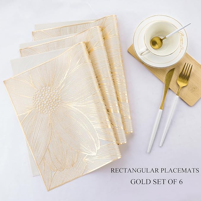 Gold Rectangle Placemats Set of 6 Vinyl Place Mats for Dining Tables Kitchen Indoor Easy to Clean Heat Resistant Wipeable Washable Modern Dining Table Mats Wedding Holiday Party Festival Decor