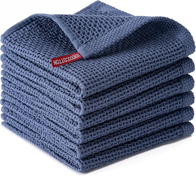 BOOMIBOO 6-Pack Kitchen Dish Cloths, 100% Cotton Waffle Weave, Ultra Soft Absorbent, Quick Drying Dish Towels, 12x12 Inches,Navy Blue