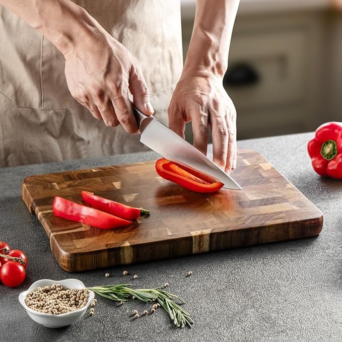 James.F End Grain Cutting Boards, Wooden Cutting Board for Kitchen with Side Handles, Acacia Wood Butcher Block Chopping Board for Meat Bread (13"x9"x1")