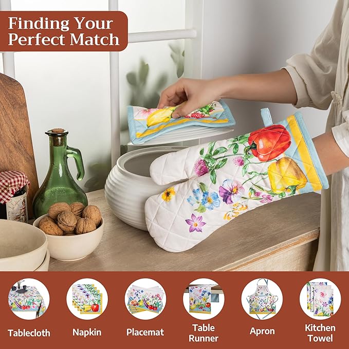 Maison d' Hermine 100% Cotton Oven Mitt & Pot Holder Set (7.5"x13" & 8"x8") Heat Resistant BBQ Cooking Gloves with Loop Baking Grilling Kitchen Gifts for Mothers Day Spring/Summer (Giverny)