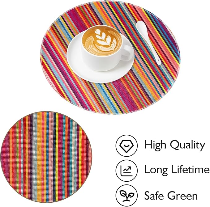 Niviy Bright Colorful Striped Round Placemats Set of 4, 15 Inch Mexican Rainbow Colored Geometric Pattern Table Mats for Holiday Party Kitchen Dining Room Decoration