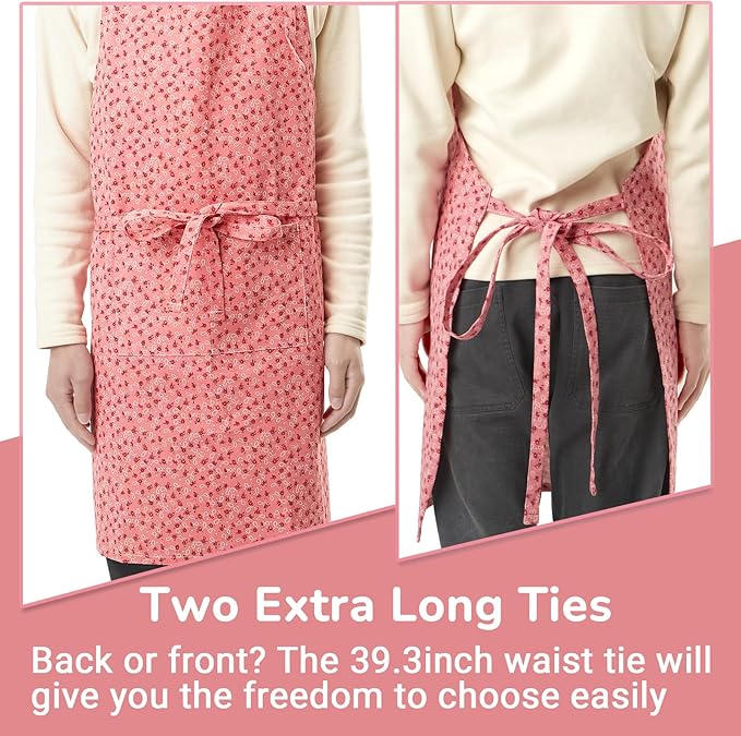 Aprons for Women with 2 Pockets, Adjustable Floral Cotton Kitchen Apron for Cooking Baking,Chef Apron, Artist or Garden Apron (Pink Floral)
