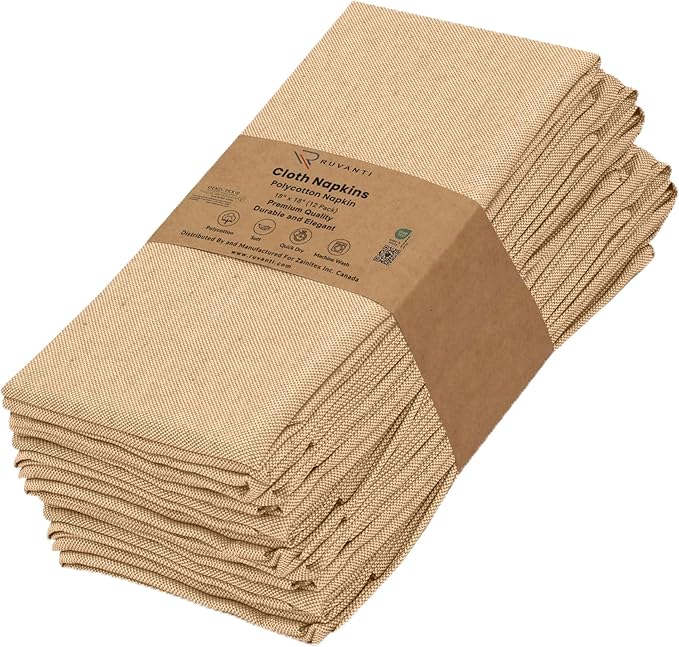 Ruvanti Cloth Napkins Set of 12, 18x18 Reusable Napkins Cloth Washable, Soft & Durable Table Napkin, Poly Cotton Fabric Dinner Napkins for Parties, Christmas, Thanksgiving, Weddings - Honey