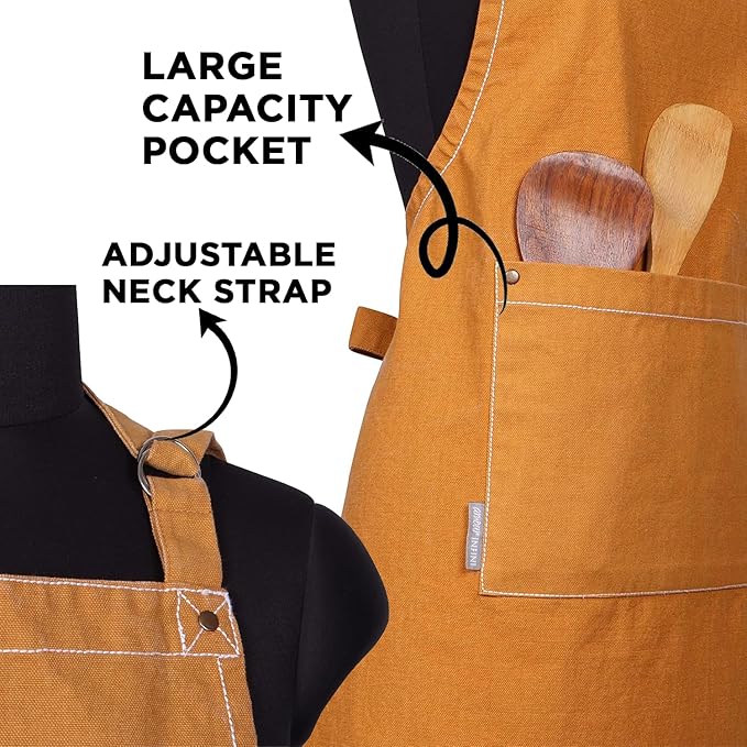 AMOUR INFINI Cotton Solid Aprons for Women with Pocket, Adjustable Strap and Waist Ties Washed Chef Aprons for Cooking, Baking and Gardening (27.5 x 33 Inches - Yellow)