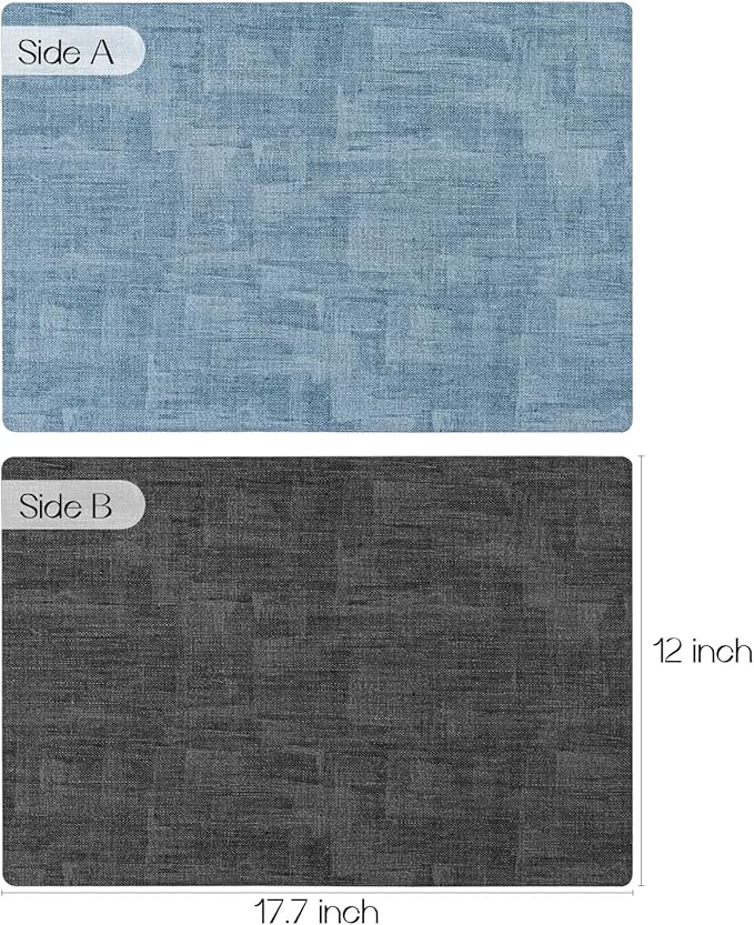 Romanstile Vinyl Placemats Set of 4-12x17 Inch, Reversible Waterproof Washable Non Slip Table Mats, Faux Leather Heat Resistant Wipeable Table Placemats for Dining/Party/Indoor/Outdoor, Grey-Sky Blue