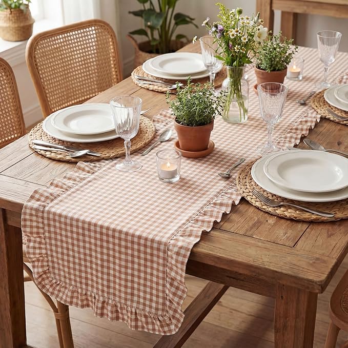 HunnmingRe 1 Pcs Brown Plaid Gingham Ruffle Table Runner 118 x 13.8'' Farmhouse Table Runner 100% Cotton Scalloped Long Dresser Scarves for Dining Room, Wedding, Kitchen Rustic Home Decor
