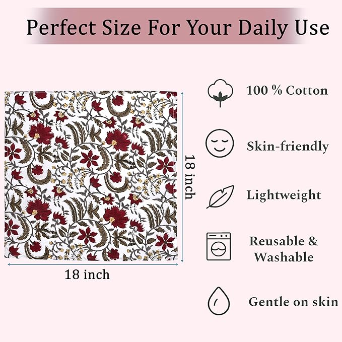 Ridhi Prune Red Hand Block Print 100% Cotton Napkins 18" x 18" (Set of 4) Reuseable Kitchen Napkins Cloth Decor Dinner Party Wedding Cocktail Gift for Spring, Easter