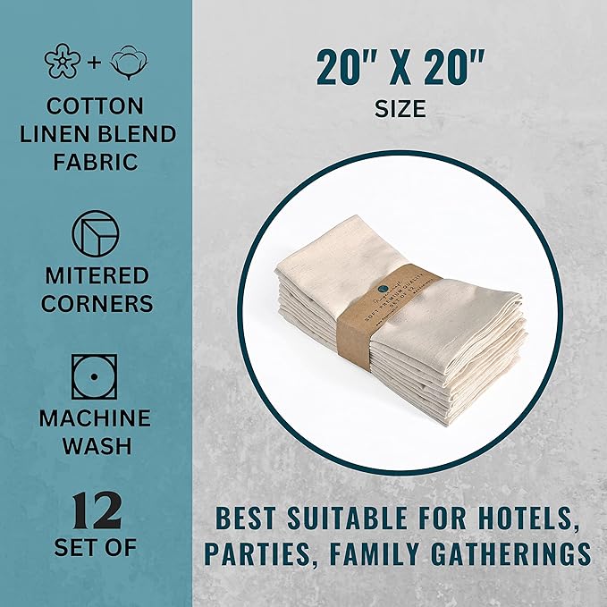 FINGERCRAFT Dinner Cloth Napkin Cotton Linen Blend 12 Pack Natural Premium Quality, Mitred Corner for Every Day Use Pre Shrunk and Good Absorbency 20x20 inch Easter Color Ivory