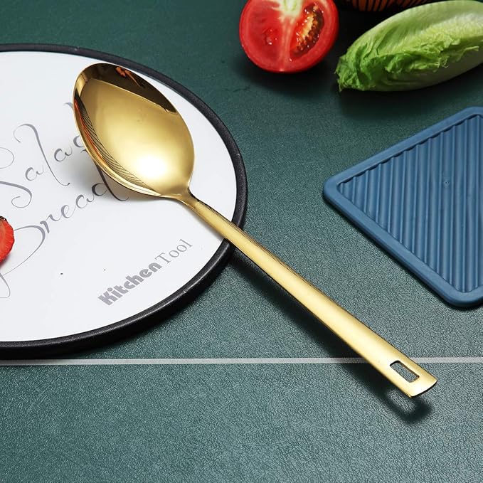 Berglander Gold Cooking Spoon, Stainless Steel Solid Serving Spoon Titanium Gold Plating, Basting Kitchen Spoon For Cooking, Dishwasher Safe, Easy to Clean