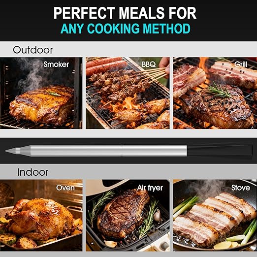 Wireless Meat Thermometer Bluetooth Digital, Smart Meat Thermometer Digital with IP67 Waterproof Probe ±1.8°F Accuracy, Rechargeable Thermometer for Grill, Smoker & BBQ