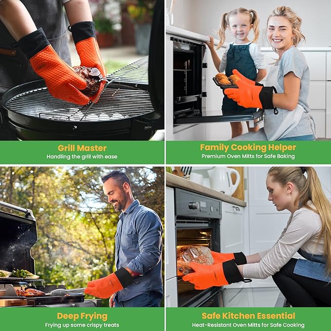 GEEKHOM Silicone Oven Gloves Set 8-Piece: 446°F Heat Resistant with Trivet Mats Pinch Grips Hooks & Kitchen Accessories