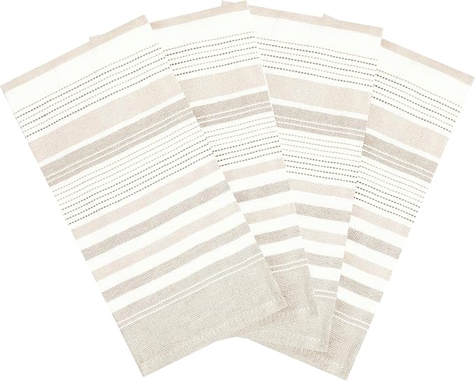 T-Fal Skipping Stripe Dual Kitchen Towel, 18" x 28", Highly Absorbent 100% Cotton, 4-Pack, Toast