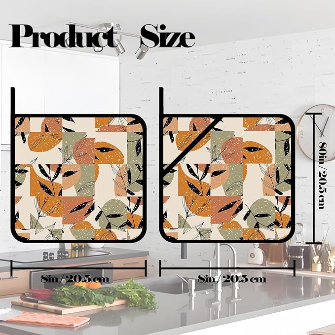 Pot Holders Set of 2 Heat Resistant & Non Slip Potholders,Boho Abstract Tropical Leaves Symbol Oven Hot Pads for Kitchen Cooking Baking Barbecue and Gifts for Women
