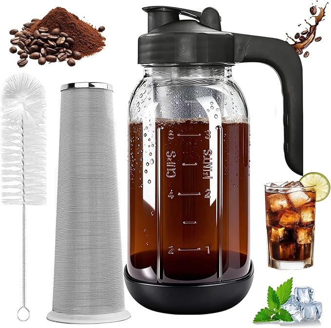 Cold Brew Coffee Maker,64 oz Mason Jar Pour Spout Lid, Coffee Carafe,Refillable Stainless Steel Filter,Non-slip Silicone Sleeve for Glass Pitcher, For Home Baristas & Coffee Enthusiasts