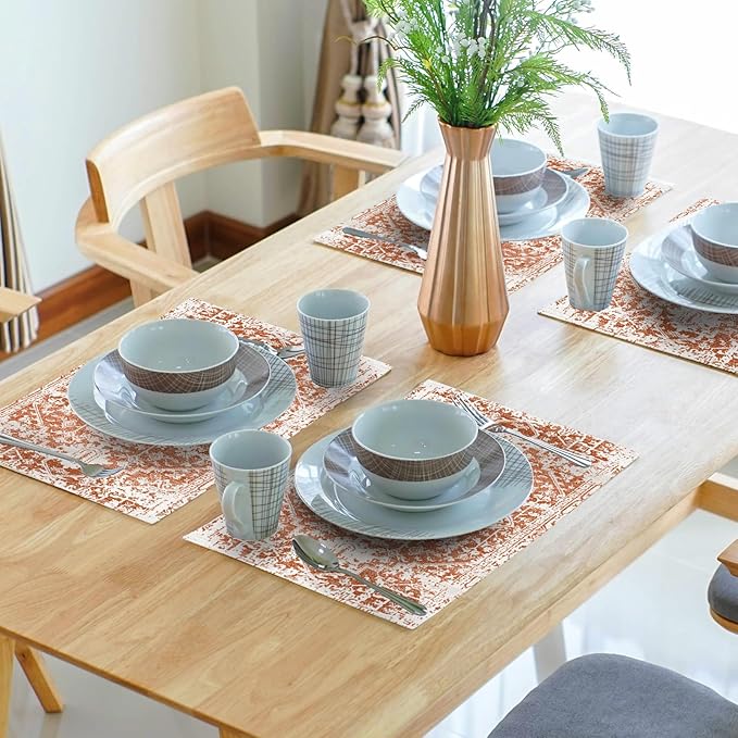 Gray Burnt Orange Boho Placemats Set of 4 Ethnic Bohemian Carpet Place Mats Washable Kitchen Dining Vintage Grey Geography Floral Linen Table Mats Stain Heat-Resistant for Home Party Indoor 12x18 in