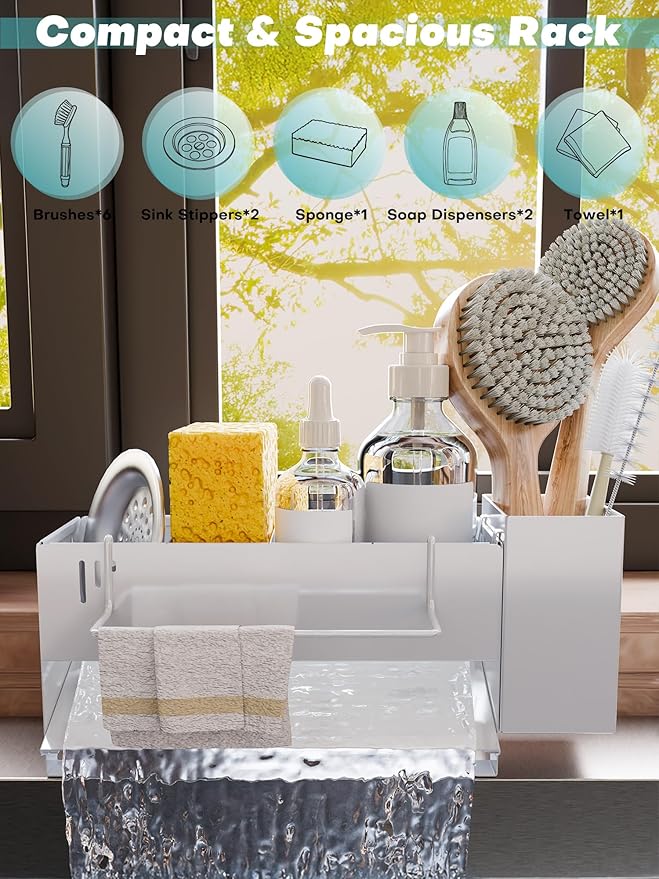 Kitchen Sink Caddy Organizer, Sponge Holder for Kitchen Sink with Upgraded Extra-Wide Drain Board, Efficient Drainage, Stainless Steel with Rust-Resistant Coating