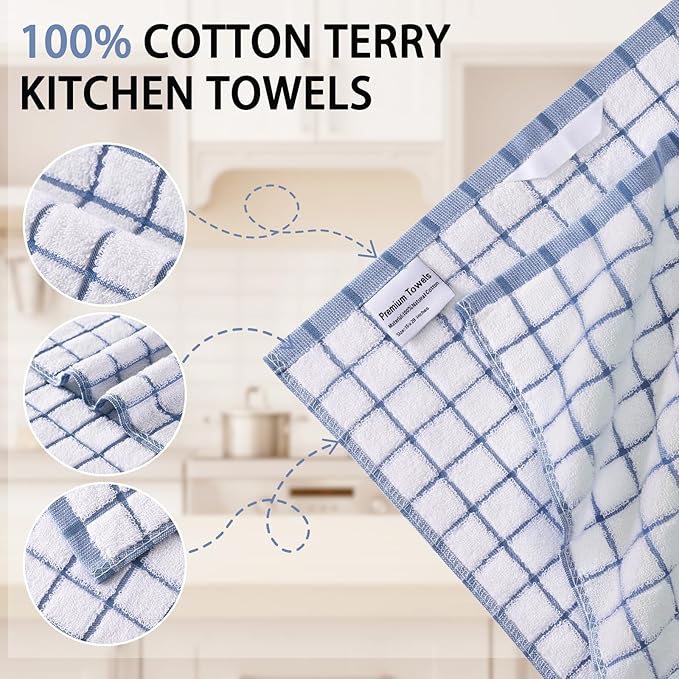 Homaxy Premium Kitchen Towels(16”x 28”, 8 Pack), Large Ring Spun Cotton Dish Towels, Super Absorbent Soft Terry Kitchen Hand Towels, Navy Blue/Grey/Tan/Black