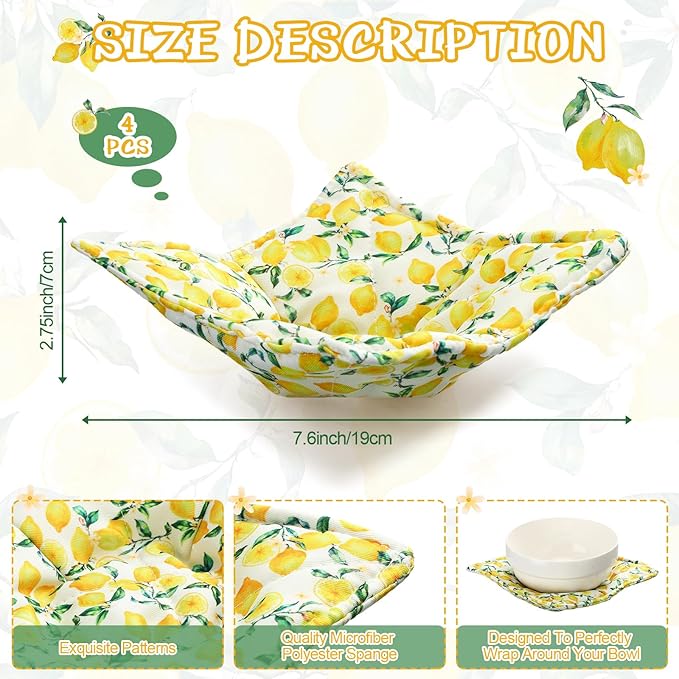 Cunhill 4 Pcs Cotton Microwave Bowl Cozy Holders for Hot Food Hot Pads Soup Bowl Potholders Heat Resistant Multipurpose Quilted Safe Holders for Kitchen Plate Supply(Yellow,Cute Lemon Style)