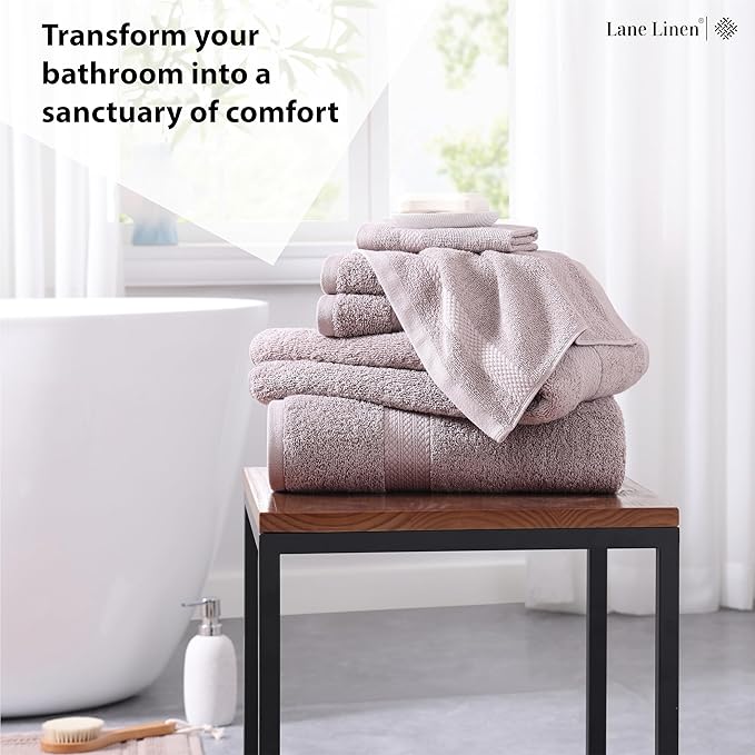 LANE LINEN 100% Ring Spun Cotton Bathroom Towel Set - 6 Piece - Soft, Quick Dry & Highly Absorbent - 2 Bath, 2 Wash cloths, 2 Hand Towels - Ideal for Guests & Perfect for Bathroom decor - Platinum