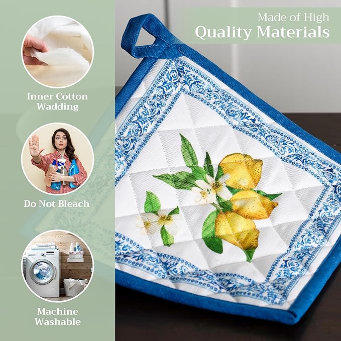 Maison d' Hermine Pot Holders 100% Cotton Heat Resistant Potholders 8" x 8" Hot Pads with Loop BBQ Cooking Baking Gifts for Mothers Day Handling Hot Pans Spring/Summer (Pack of 1, Cedrat)