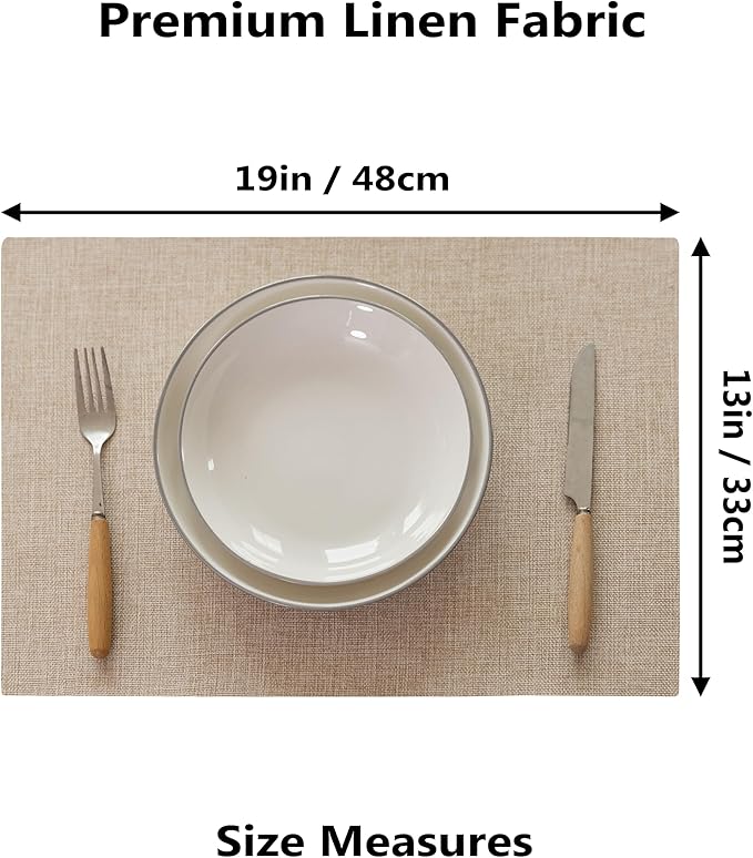 Demetex Placemats Set of 6 Heat Resistant Dining Table Mats Linen Cloth Placemats for Kitchen Indoor Outdoor Place Mats, Light Linen