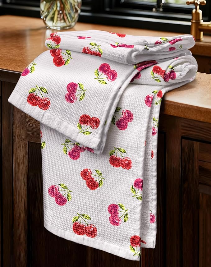 Miss Adola 2pcs Waffle Kitchen Towels - 16x26 Inch Cotton Waffle Weave Dish Cloths Set of 2 with Hanging Loop Absorbent Hand Tea Towels Cute Design for Housewarming Gift, Cherry