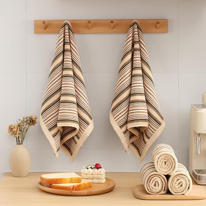 SALAS Premium Kitchen Dish Towels for Drying Dishes, Large Cotton Kitchen Towels, Stripped Terry Dish Cloths, Thick Highly Absorbent Towel Sets with Hanging Loop, 16" X 26", 6 Packs Beige