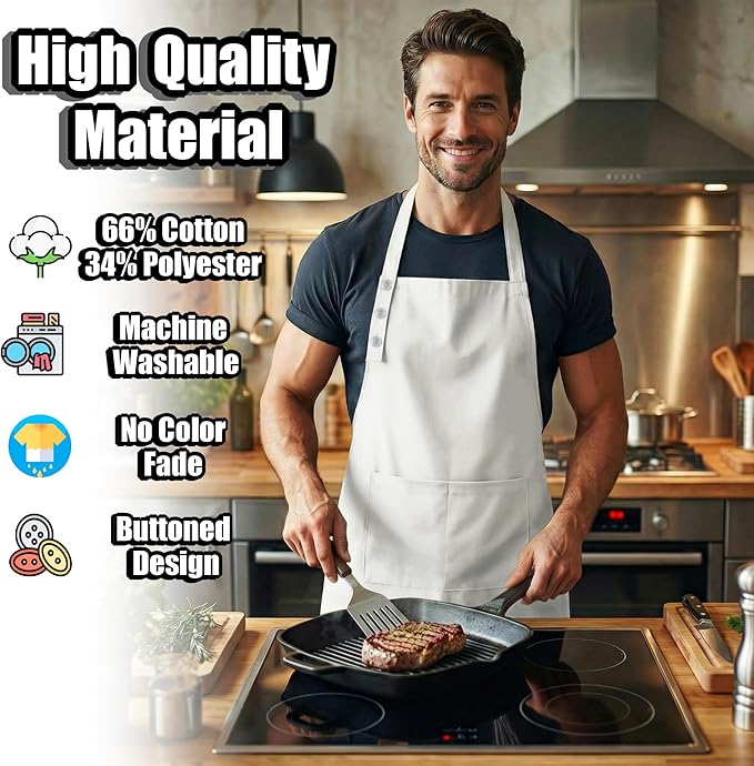 TOSHE Kitchen Apron Waterdrop Resistant Cotton Apron with adjustable Aprons for Women with Pockets 10 Color option Cooking White Apron(White)