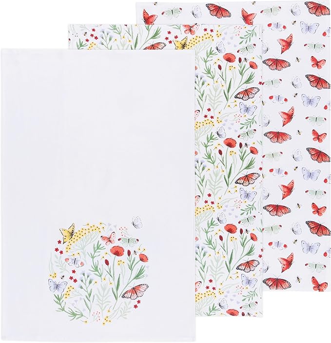 Now Designs Kitchen Towels Set/3 Assorted, Morning Meadow Butterfly, W20 x L30in, Absorbent Dish Cloths