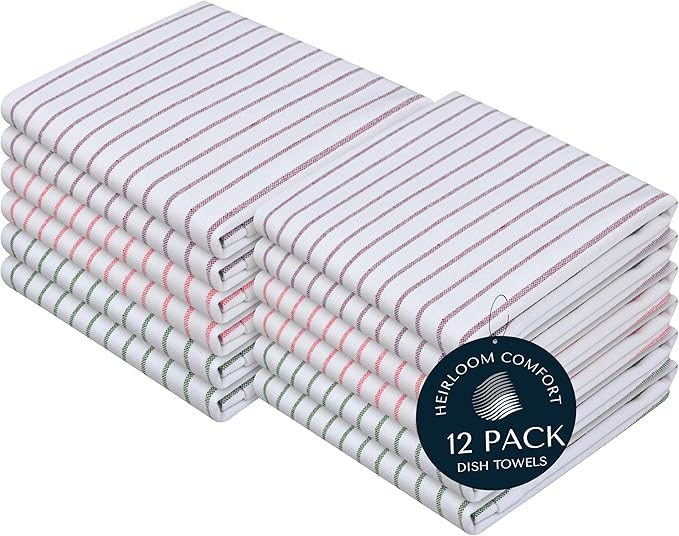 Multi Colors Kitchen Towels 12 Pack, 100% Cotton, Classic Striped Towel Set, Super Absorbent & Durable Dishcloths, Quick Drying for Drying Dishes - Burgundy, Orange, Green