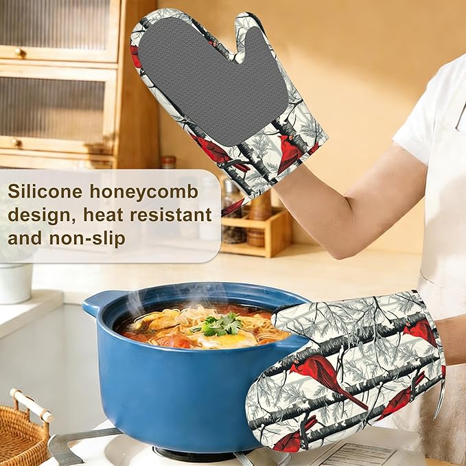 Red Cardinal Birds Oven Mitts and Pot Holders Set of 4,Kitchen Glove Heat Resistant Oven Mitts with Non-Slip Silicone for Baking, Cooking, BBQ