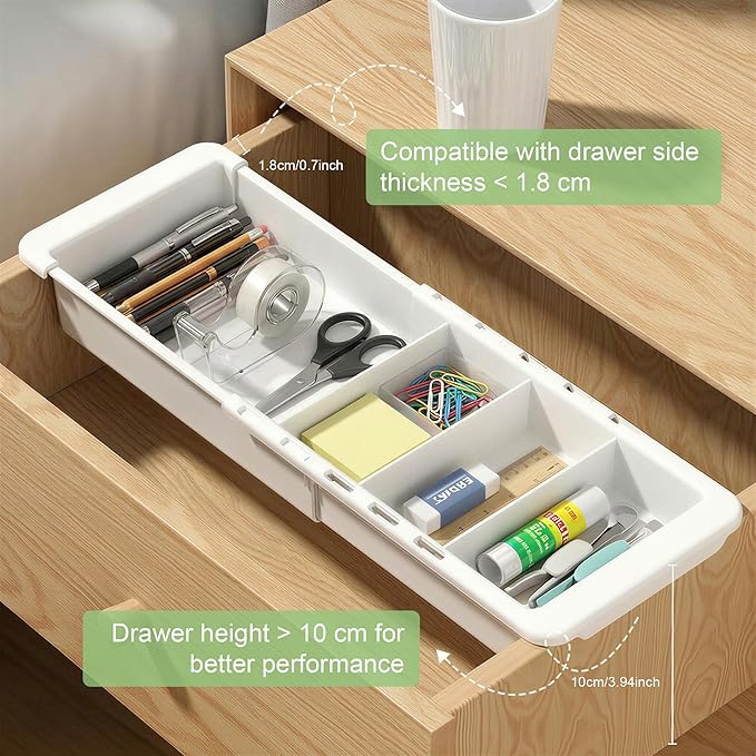 2 Pack Expandable Hanging Drawer Organizer with Removable Dividers, Adjustable Deep Drawer Organizer Tray 11.4–18Inch for Kitchen, Makeup, Bathroom, Desk Drawer Storage