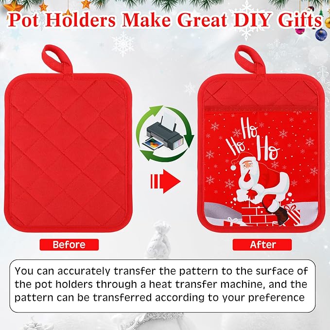 Hoolerry 20 Pieces Pot Holders with Pocket Sublimation 7x9'' Cotton Oven Pot Holders Bulk with Hanging Loops Pads for Kitchen Cook Baking (Red,Green)