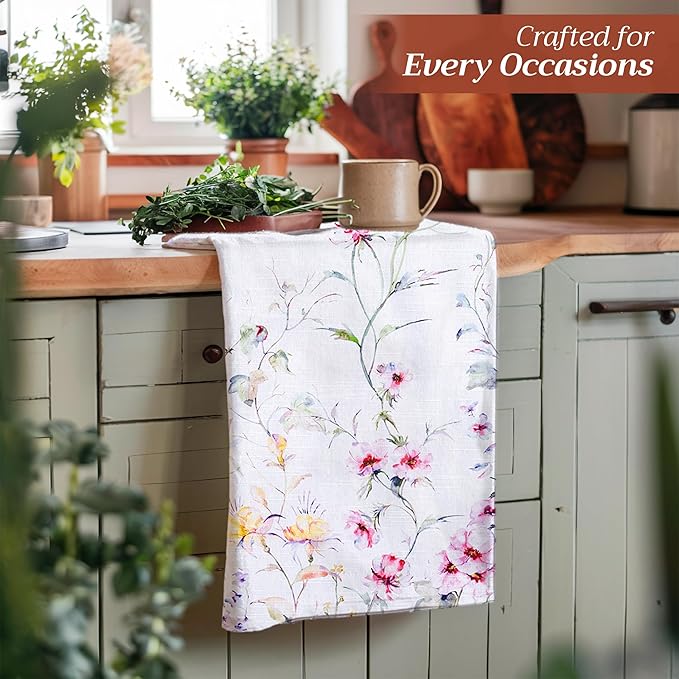 Maison d' Hermine Kitchen Towels Set of 3 100% Cotton 27.50" x 20" Reusable Cloth Tea Dish Towels Absorbent with Hanging Loop for Kitchen Gifts for Mothers Day Spring/Summer (Summer Floral)