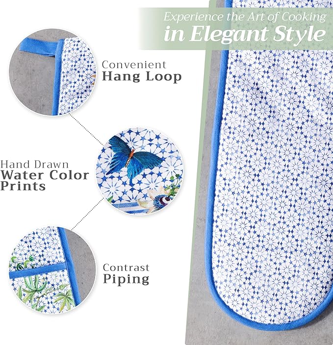 Maison d' Hermine Double Oven Mitts 100% Cotton 7"x35" Double Oven Mitt Heat Resistant BBQ Cooking Gloves with Loop Baking Grilling Gifts for Mothers Day Spring Summer (Passiflora)