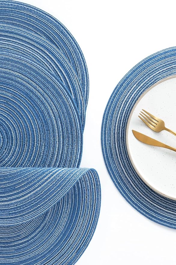 Floroom 15 Inch Round Braided Placemats Set of 4, Washable Heat Resistant Cotton Polyester Circle Place Mats for Kitchen Dining Table - Seascape Blue
