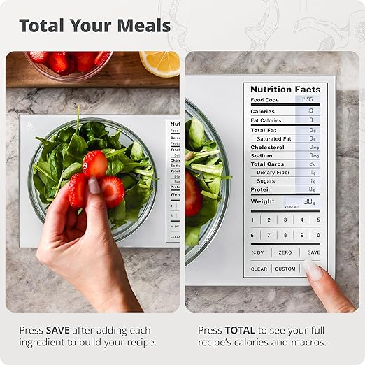 Greater Goods Food Scale with Nutrition Calculator, Non Connected Calorie Scale for Meal Prep, Weight Loss, 2000 Pre-Loaded Food Codes, Compact Kitchen Scale, Battery Operated, 11lb Capacity, Silver