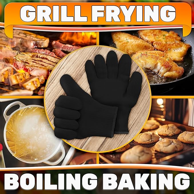 Heat Resistant Gloves – Aramid Oven Gloves with Fingers for Cooking & Grilling, Lightweight BBQ Gloves with Cotton Lining, Non-Slip, 9.45"x3.94" Kitchen Mitts for Baking & Frying, Great Gift for Chefs