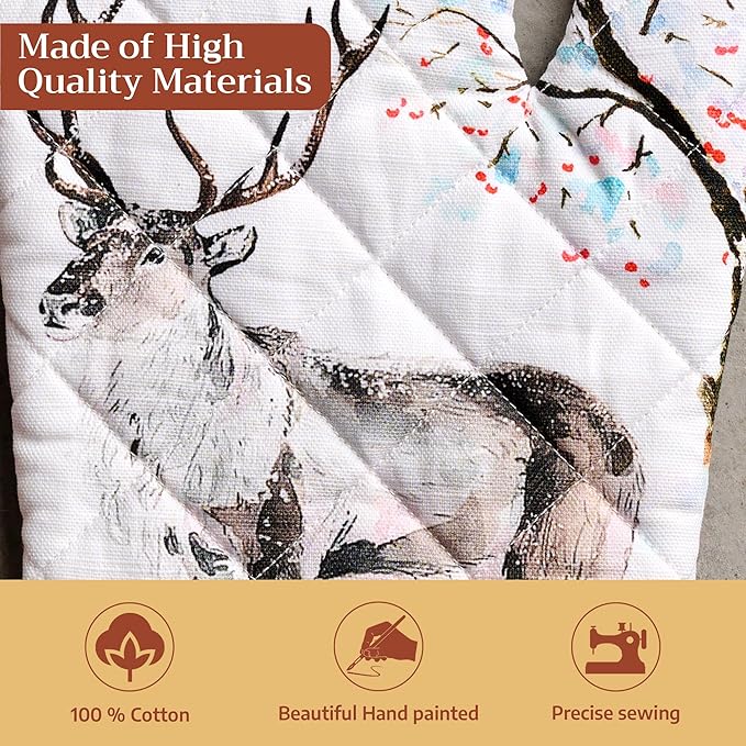 Maison d' Hermine Oven Gloves 100% Cotton Oven Mitt 7" x 13" with Loop Heat Resistant BBQ Cooking Gloves for Thanksgiving Christmas Decorations Baking Handling Hot Pans (Pack of 1, Rural Christmas)