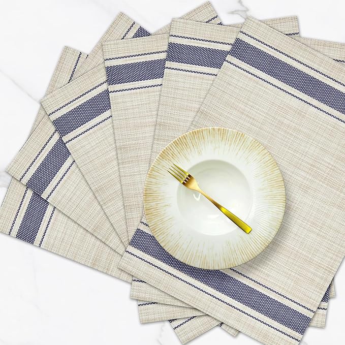 Khaki Blue Place Mats Set of 6, 12x18 Inch Heat-Resistant Washable Easy to Clean Place Mats, Faux Linen Cloth Table Mats Suitable for Indoor/Outdoor Parties & Kitchen Decor (Khaki Blue)
