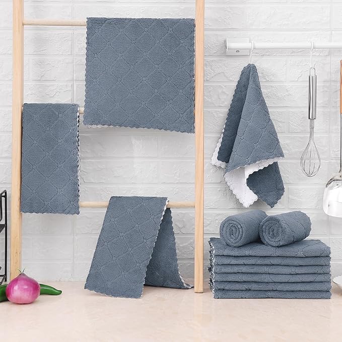 Mordimy 12 Pack Kitchen Towels (20" x 10", Dark Grey & White), Super Soft and Absorbent Dish Towels, Coral Velvet Microfiber Cleaning Cloth, Nonstick Oil Fast Dry Dish Cloths