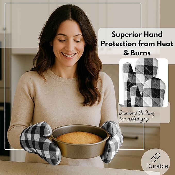 Native Fab Buffalo Plaid Check Oven Mitts and Pot Holders Set of 4, 100% Cotton Heat Resistant Kitchen Gloves, 2 Oven Mitts (7x13), 2 Pot Holders (8x8) for Cooking & Baking, Black White
