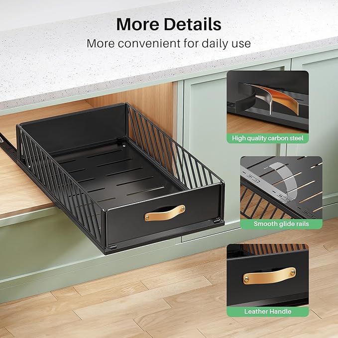Pull out Cabinet Organizer,Heavy Duty Slide out Pantry Shelves Drawer Storage with Adhesive Nano Film,Sliding Mesh Cabinet Basket with Handle for Kitchen, Bathroom, Home, 15.8"W X 21"D X6.2"H,Black