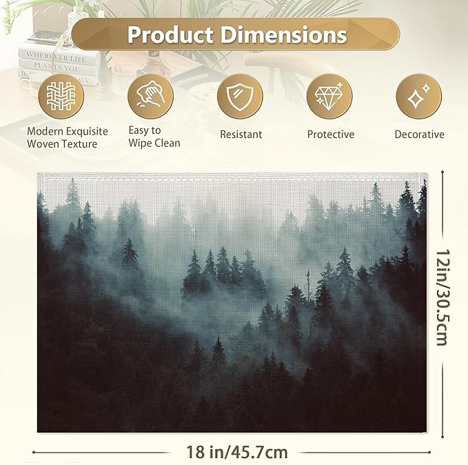 Placemats Set of 6 Linen Washable Kitchen Dining Misty Forest Table Mats Stain Heat-Resistant Desktop Décor Place Mats for Home Party Indoor 12x18 in