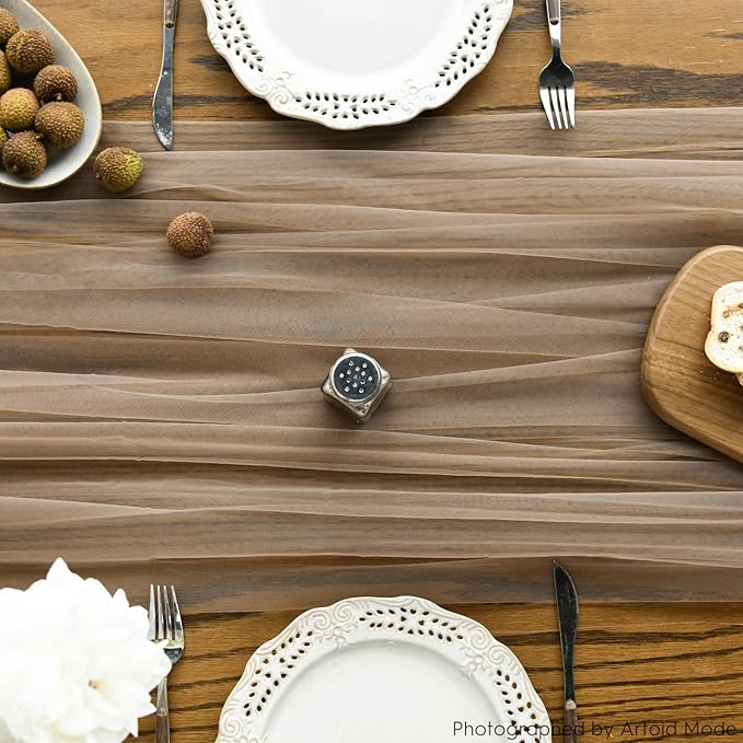 Artoid Mode 3PCS Coffee Gauze Table Runner 120 Inch 10FT, Seasonal Sheer Kitchen Dining Holiday Wedding Birthday Baby Shower Table Decor for Home Party