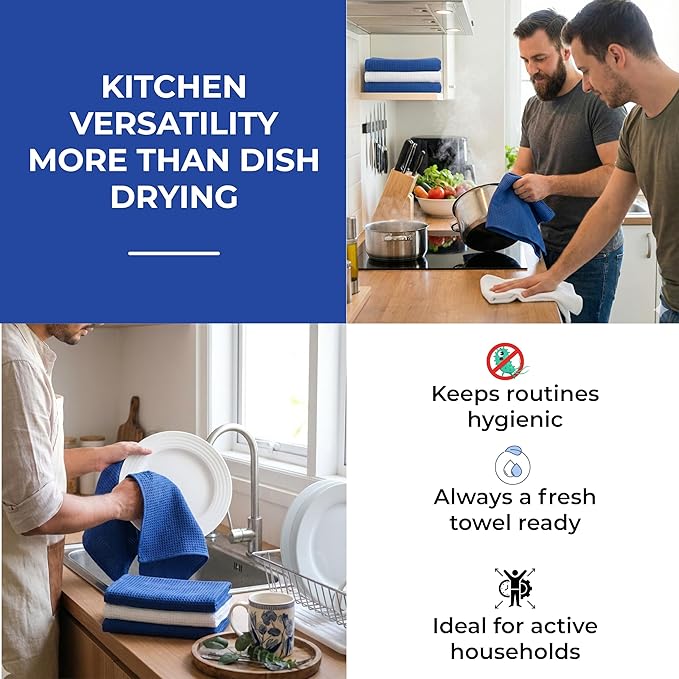 Highly Absorbent Cotton Dish Towels for Drying - Set of 3+3 - Royal Blue + White Kitchen Towels - 18"X28" Lint Free Waffle Weave Cloth Linen Hand Bathroom Bulk Dishtowels
